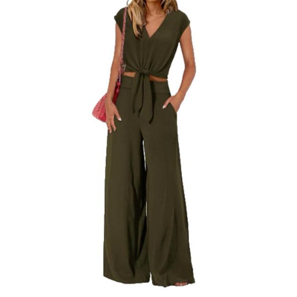 NEW- Army Green 2 Piece Outfit V Neck Crop Top Wide Leg Pant- Women's L